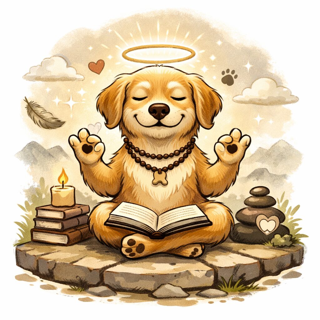 A serene dog meditating with a halo, surrounded by books and feathers.